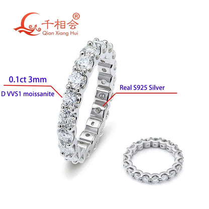 0.1ct 3mm D VVS Moissanite Full Eternity Band Ring – 925 Sterling Silver Engagement & Party Jewelry for Women